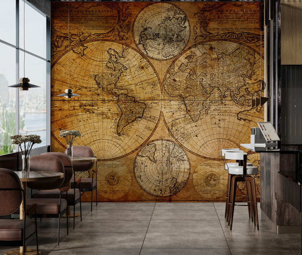 Antique World Map Wallpaper : Sepia Double Hemisphere Mural - View 2