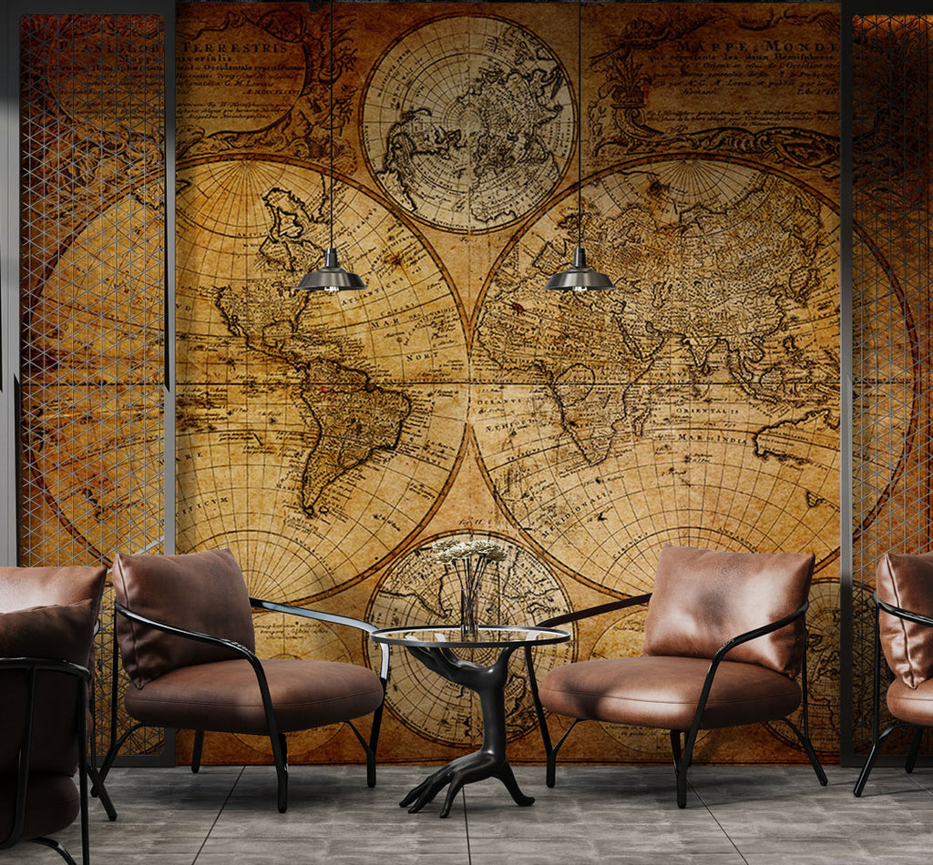 Antique World Map Wallpaper : Sepia Double Hemisphere Mural - View 3