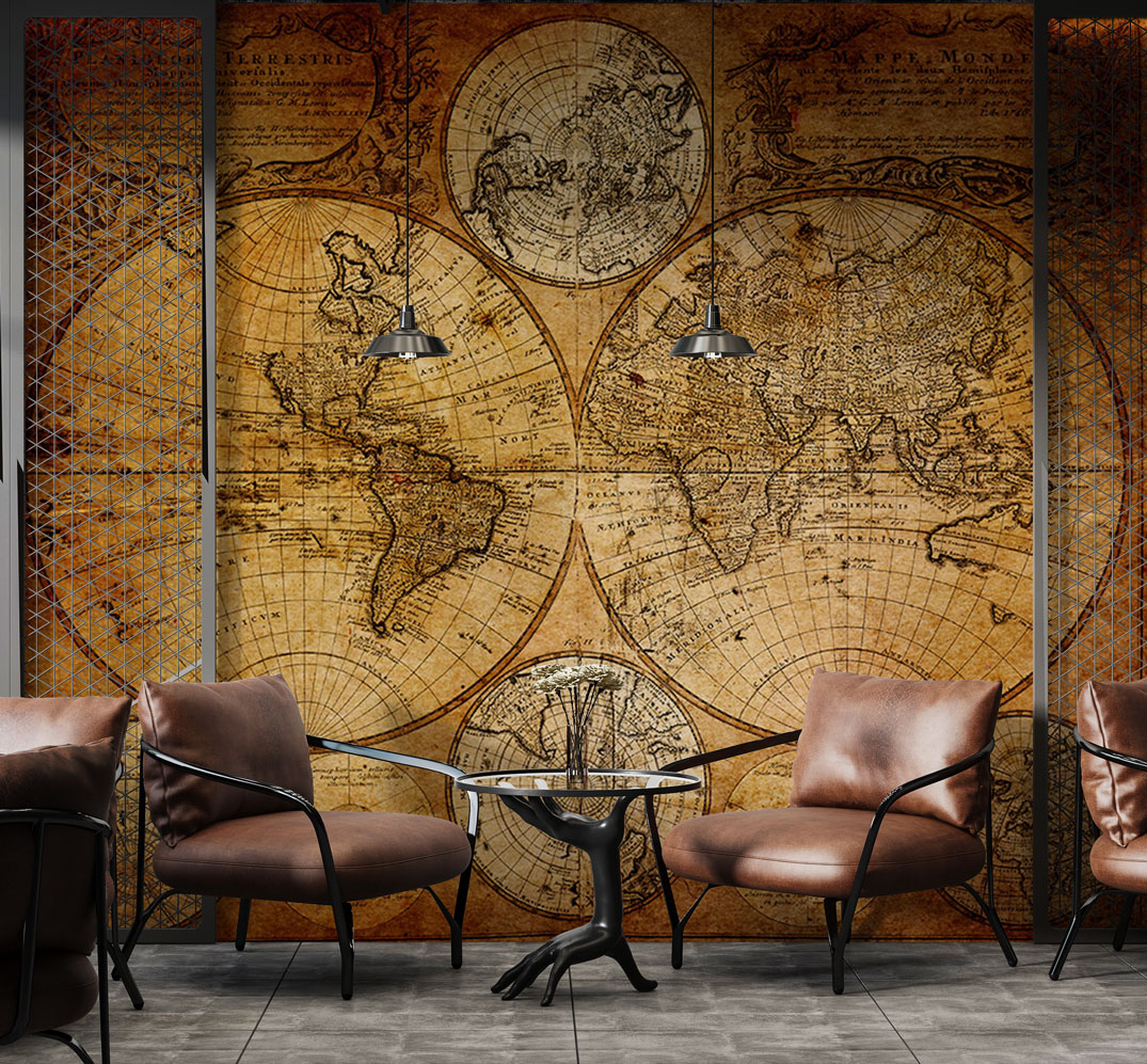Antique World Map Wallpaper : Sepia Double Hemisphere Mural - View 3