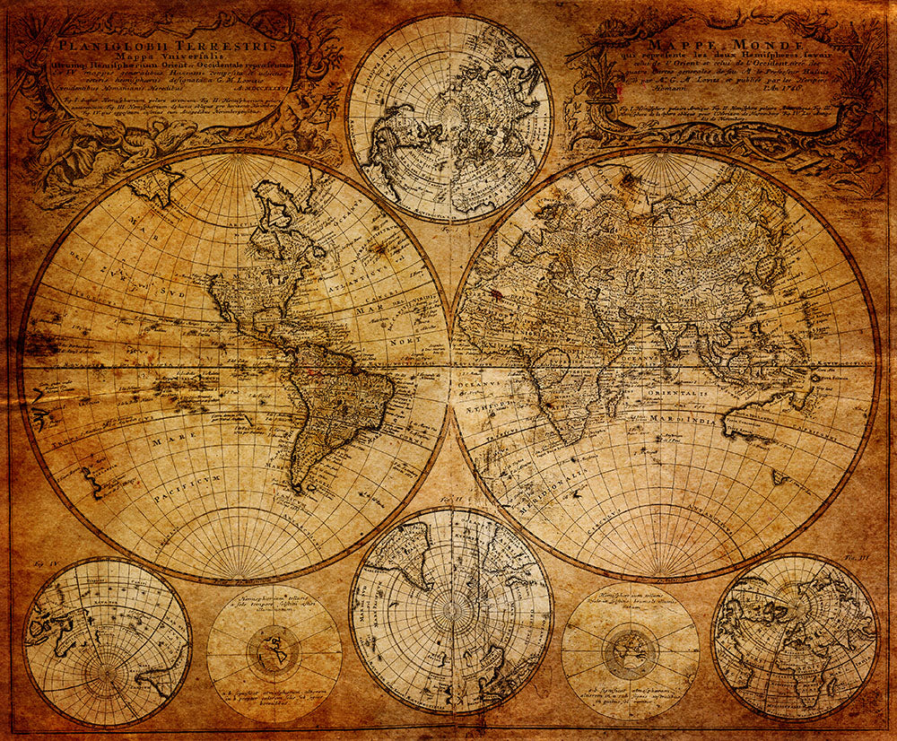 Antique World Map Wallpaper : Sepia Double Hemisphere Mural - flat design