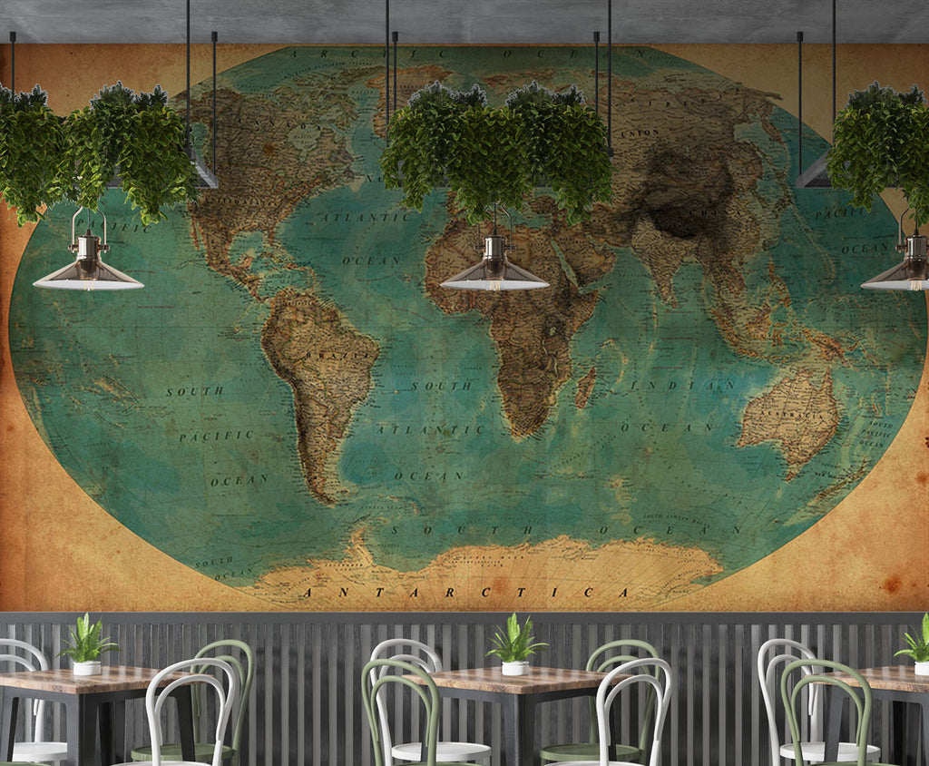 Vintage World Map Wallpaper : Teal Ocean Oval Atlas Mural - View 2