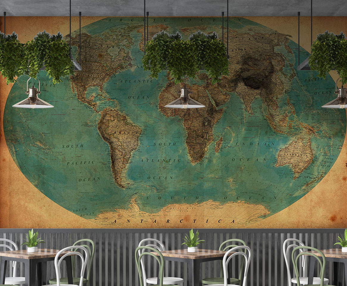 Vintage World Map Wallpaper : Teal Ocean Oval Atlas Mural - View 2