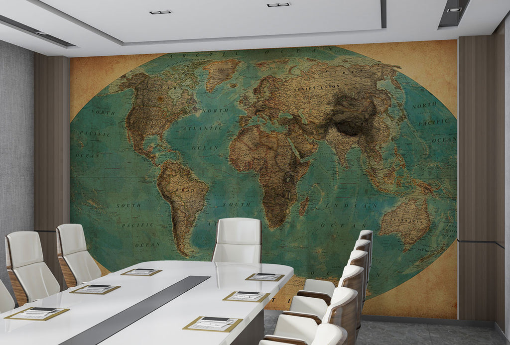 Vintage World Map Wallpaper : Teal Ocean Oval Atlas Mural - View 3