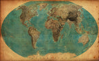 Vintage World Map Wallpaper : Teal Ocean Oval Atlas Mural - flat design