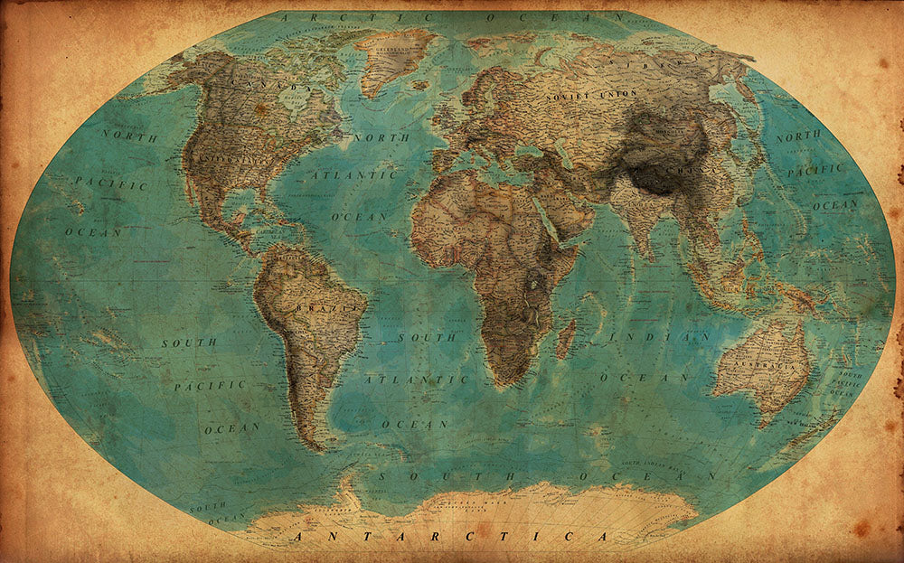 Vintage World Map Wallpaper : Teal Ocean Oval Atlas Mural - flat design