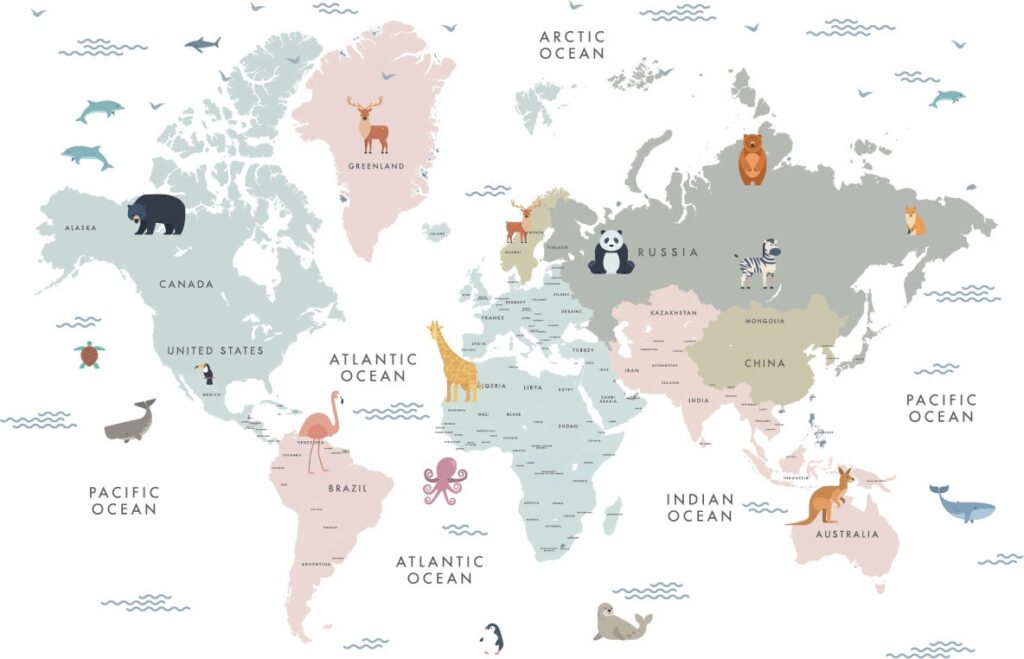 Kids World Map Wallpaper : Soft Pastel Animal Atlas Mural - flat design
