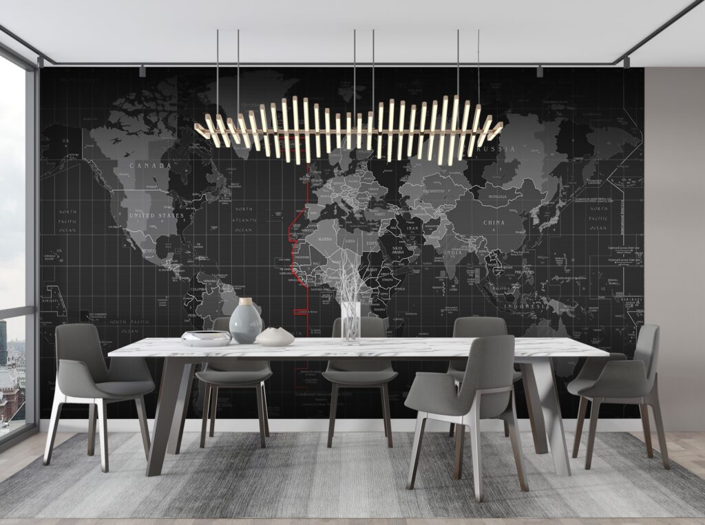 Black World Map Wallpaper : Digital Grey Countries Mural