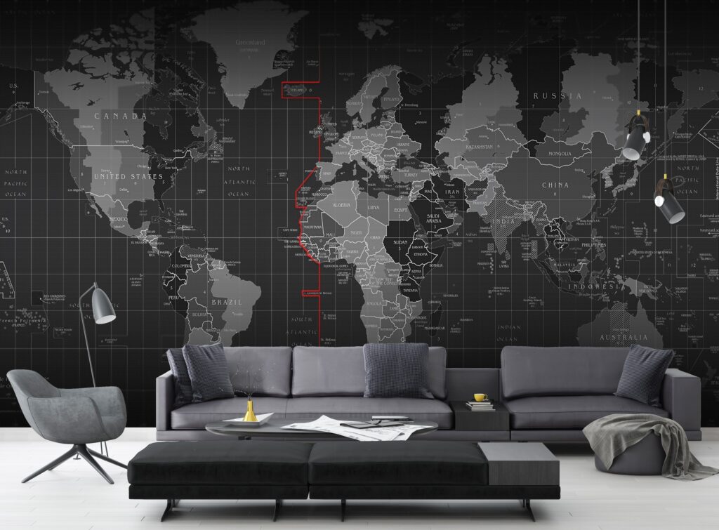 Black World Map Wallpaper : Digital Grey Countries Mural - View 6