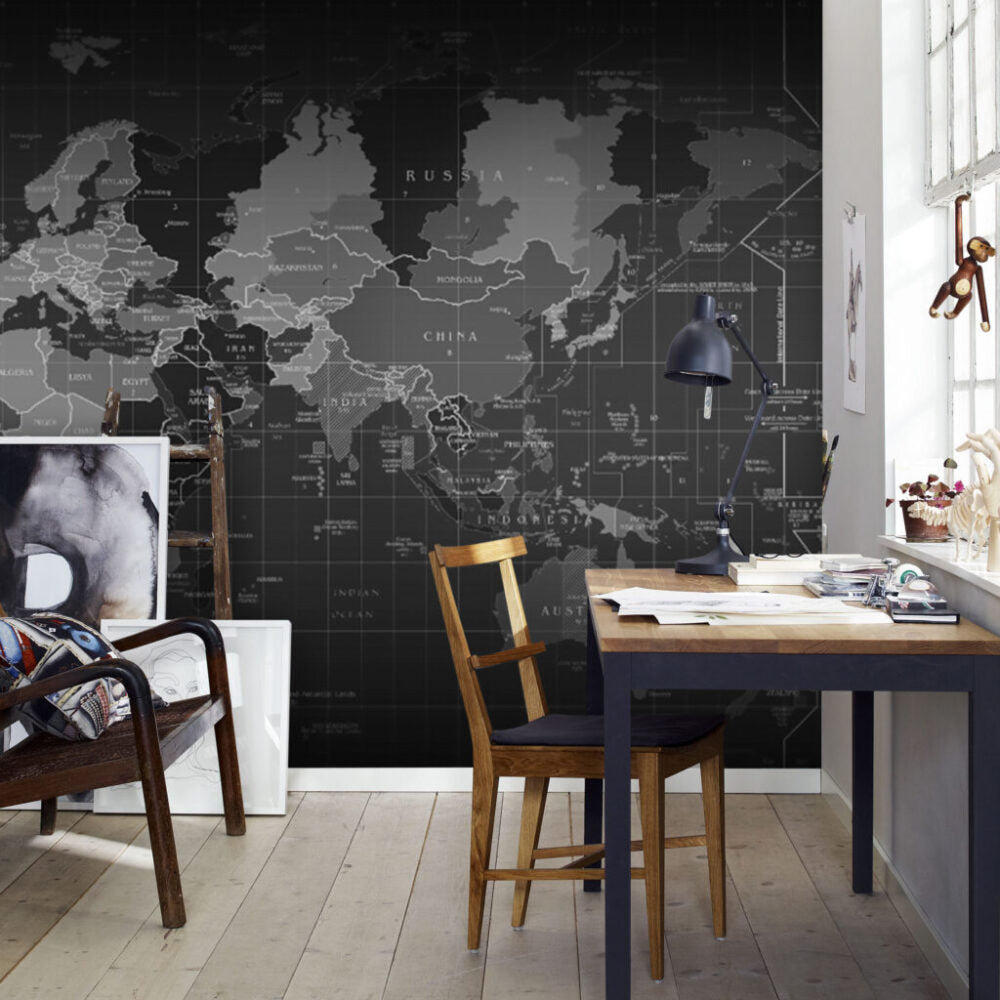 Black World Map Wallpaper : Digital Grey Countries Mural - View 5
