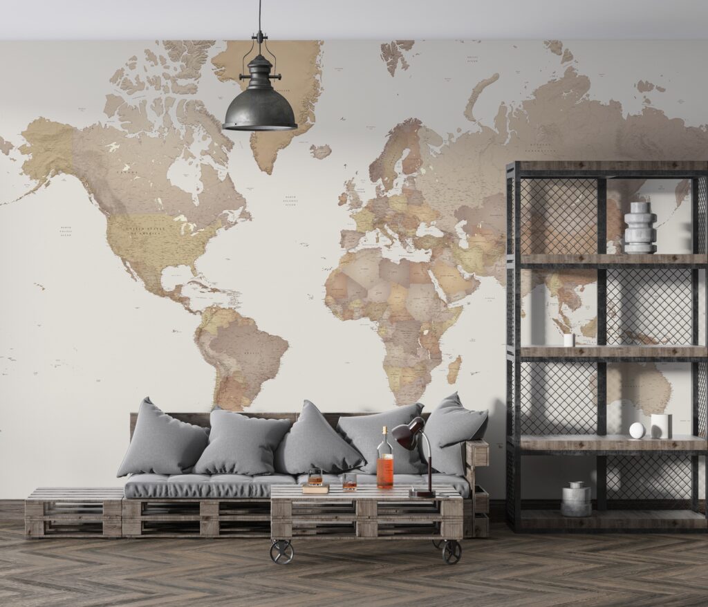 Light Vintage World Map Wallpaper : Sepia Political Map Mural