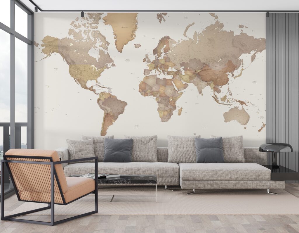 Light Vintage World Map Wallpaper : Sepia Political Map Mural - View 3