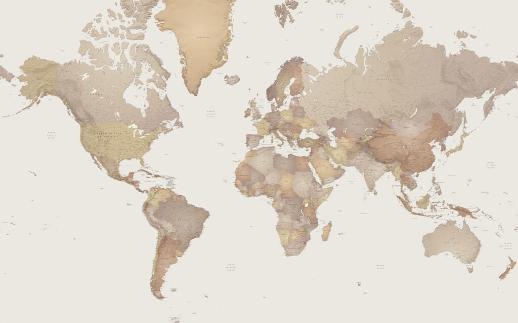 Light Vintage World Map Wallpaper : Sepia Political Map Mural - View 2