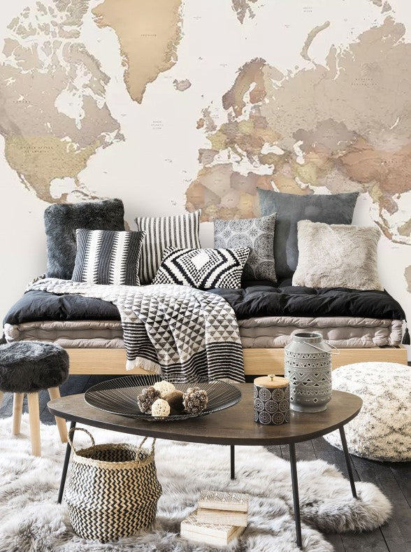 Light Vintage World Map Wallpaper : Sepia Political Map Mural - View 5