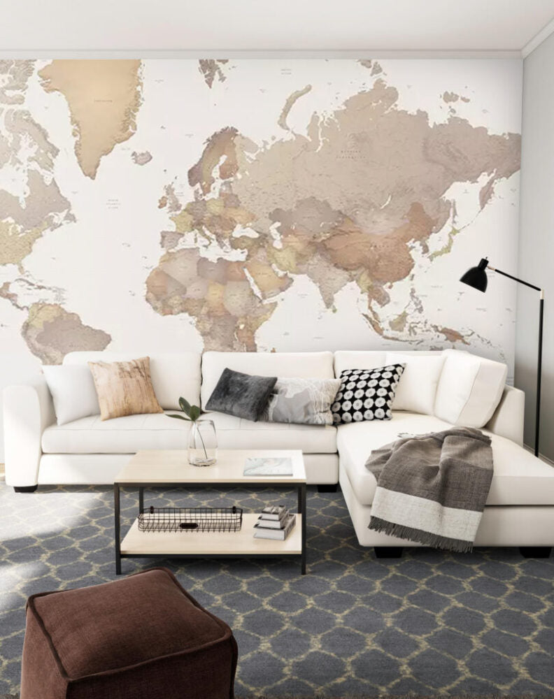 Light Vintage World Map Wallpaper : Sepia Political Map Mural - View 4