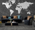 Brick World Map Wallpaper : White Continents on Charcoal Stone Mural