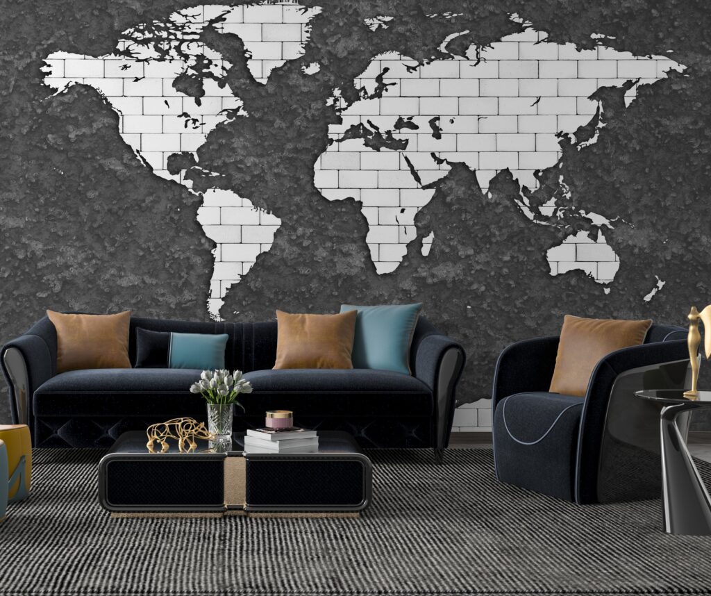 Brick World Map Wallpaper : White Continents on Charcoal Stone Mural