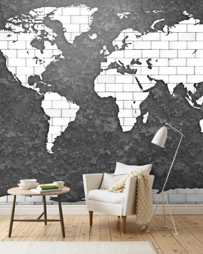 Brick World Map Wallpaper : White Continents on Charcoal Stone Mural - View 5