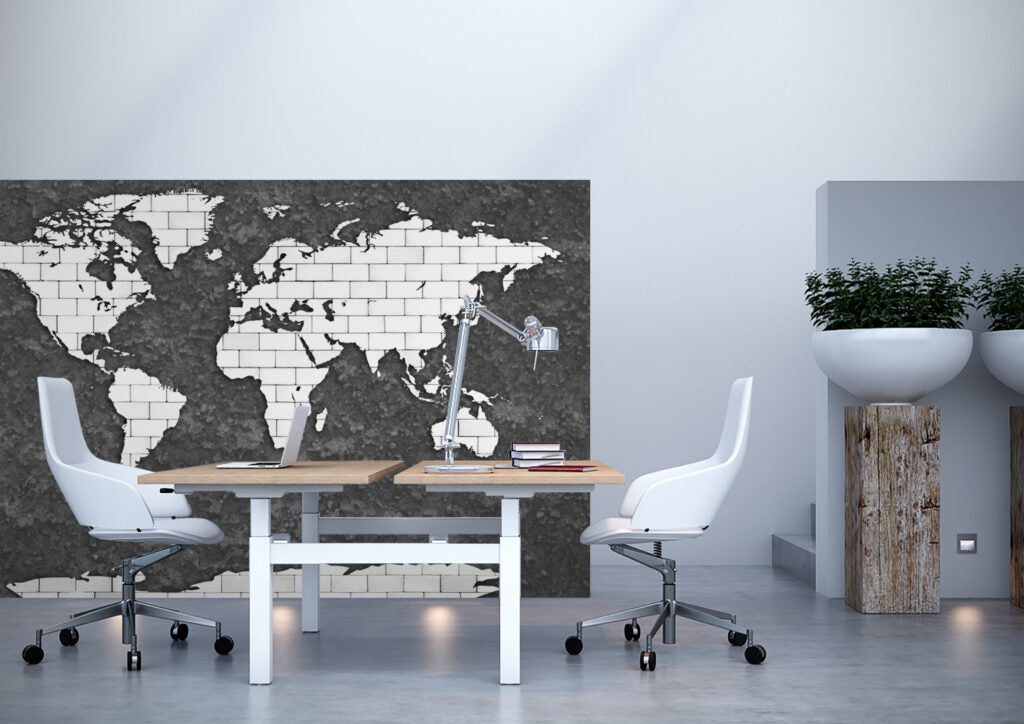 Brick World Map Wallpaper : White Continents on Charcoal Stone Mural - View 4