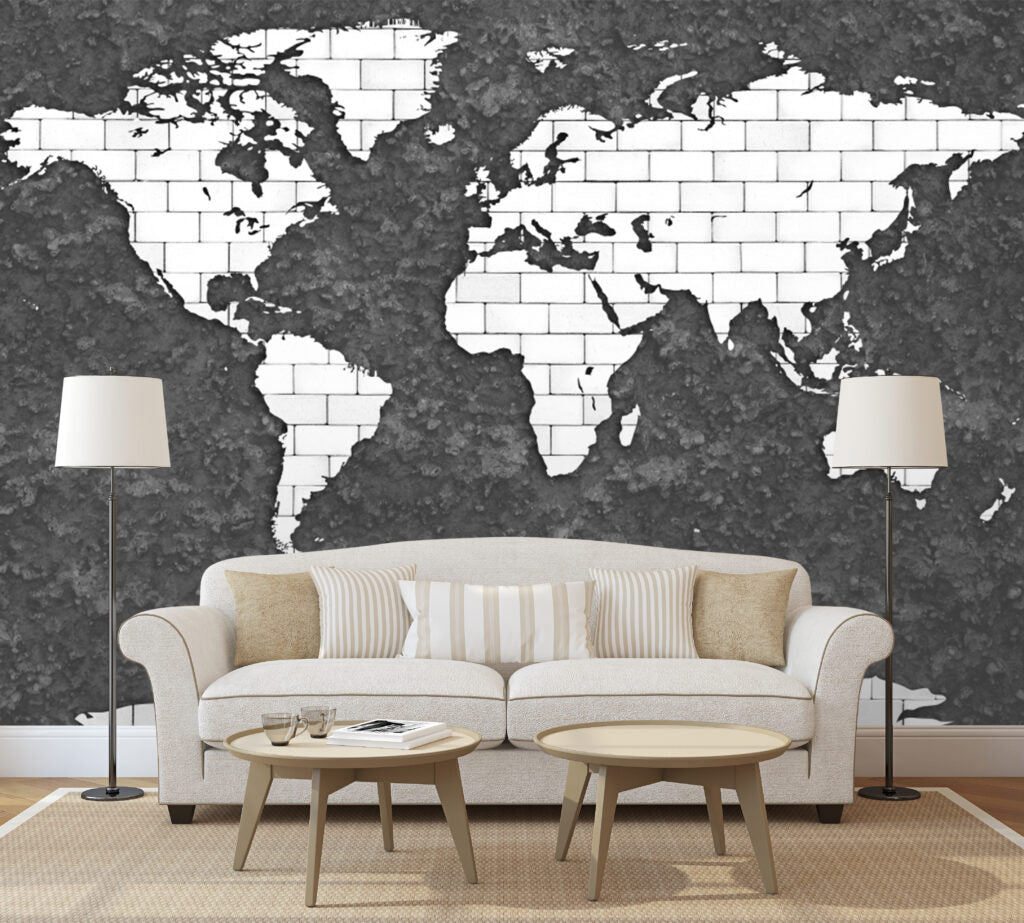 Brick World Map Wallpaper : White Continents on Charcoal Stone Mural - View 2