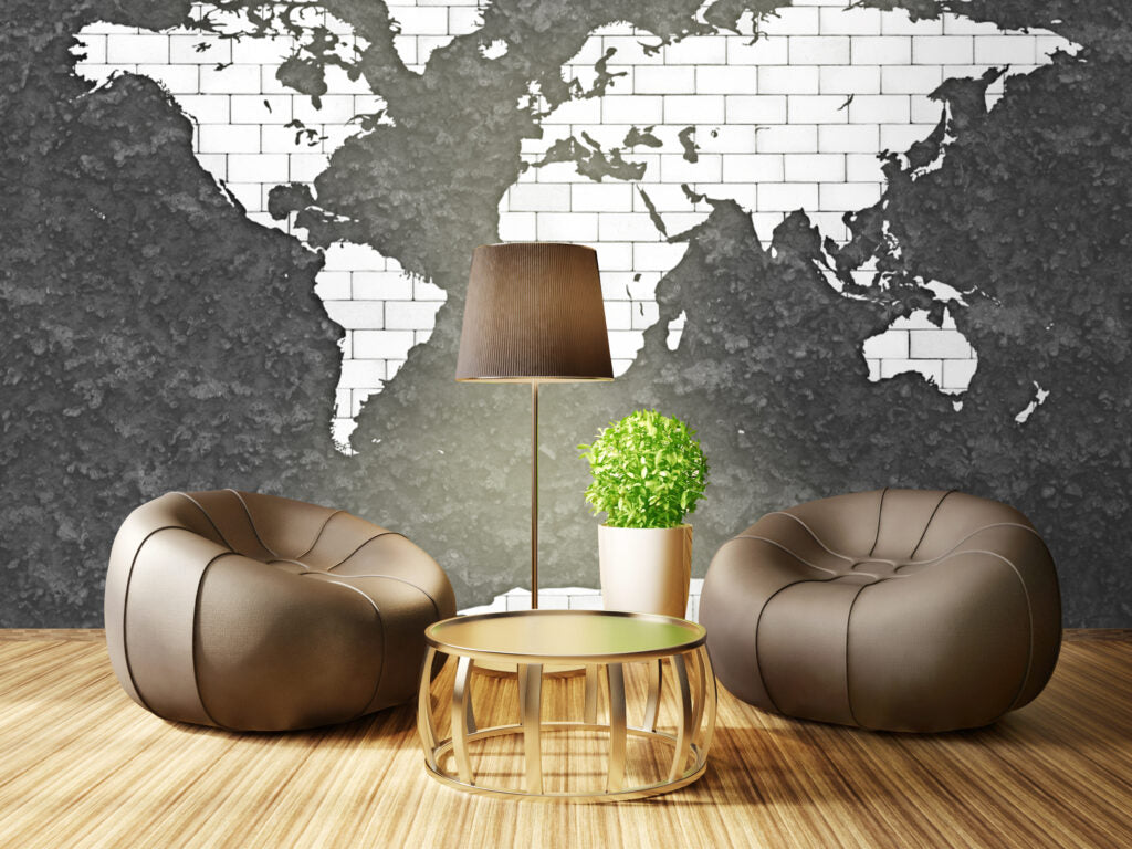 Brick World Map Wallpaper : White Continents on Charcoal Stone Mural - View 3