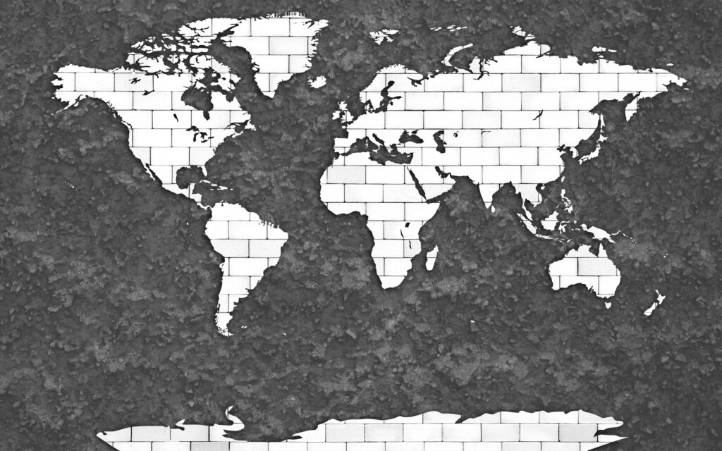 Brick World Map Wallpaper : White Continents on Charcoal Stone Mural - flat design