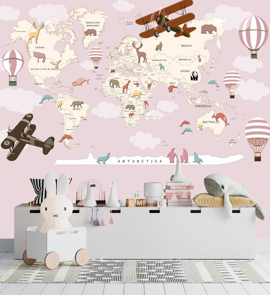 Pink Kids World Map Wallpaper : Biplanes and Hot Air Balloons Mural - View 2