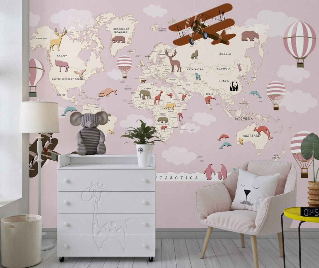 Pink Kids World Map Wallpaper : Biplanes and Hot Air Balloons Mural