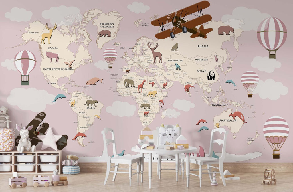 Pink Kids World Map Wallpaper : Biplanes and Hot Air Balloons Mural - View 3