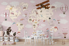Pink Kids World Map Wallpaper : Biplanes and Hot Air Balloons Mural - View 3
