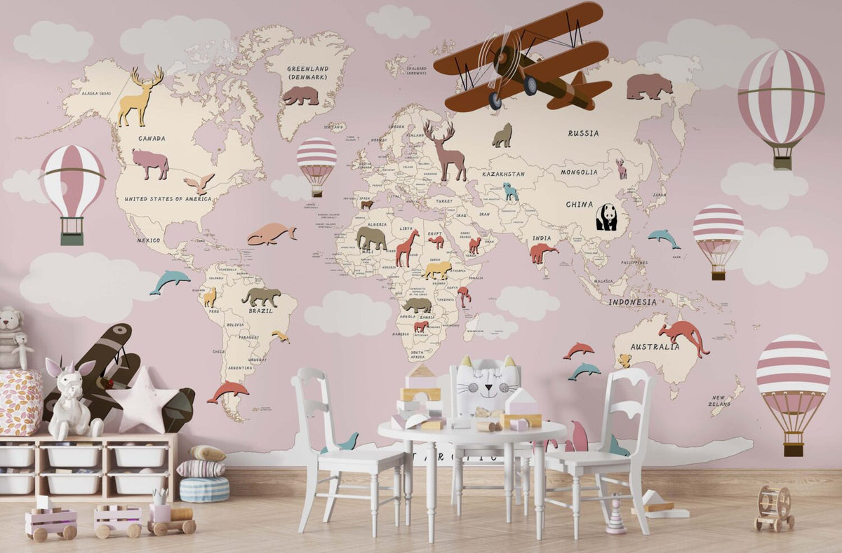 Pink Kids World Map Wallpaper : Biplanes and Hot Air Balloons Mural - View 3