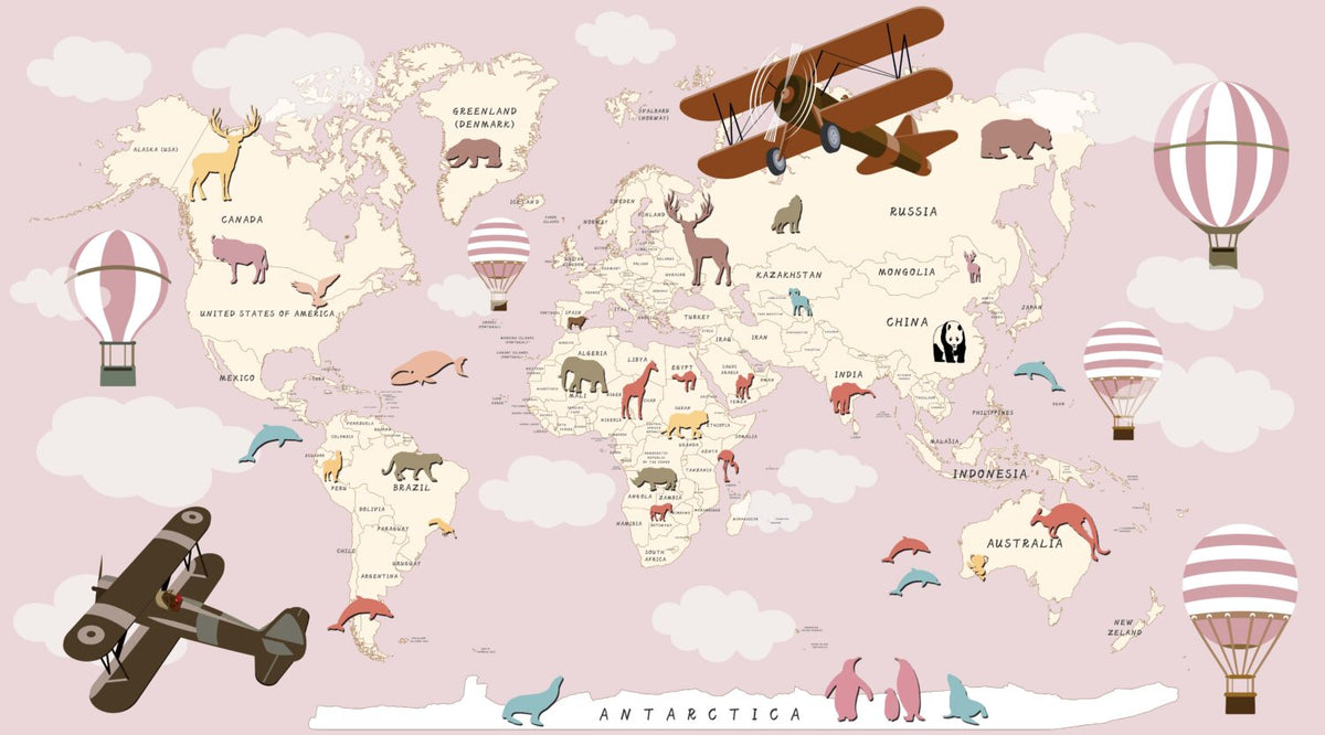 Pink Kids World Map Wallpaper : Biplanes and Hot Air Balloons Mural - flat design