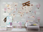 Kids Airplane World Map Wallpaper : Grey Balloon Animal Map Mural - View 2
