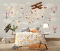 Kids Airplane World Map Wallpaper : Grey Balloon Animal Map Mural