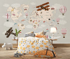 Kids Airplane World Map Wallpaper : Grey Balloon Animal Map Mural