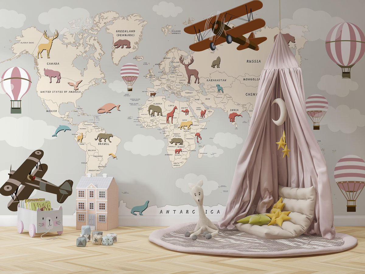 Kids Airplane World Map Wallpaper : Grey Balloon Animal Map Mural - View 3