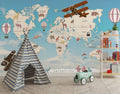 Blue Kids Airplane World Map Wallpaper : Balloon Animal Map Mural