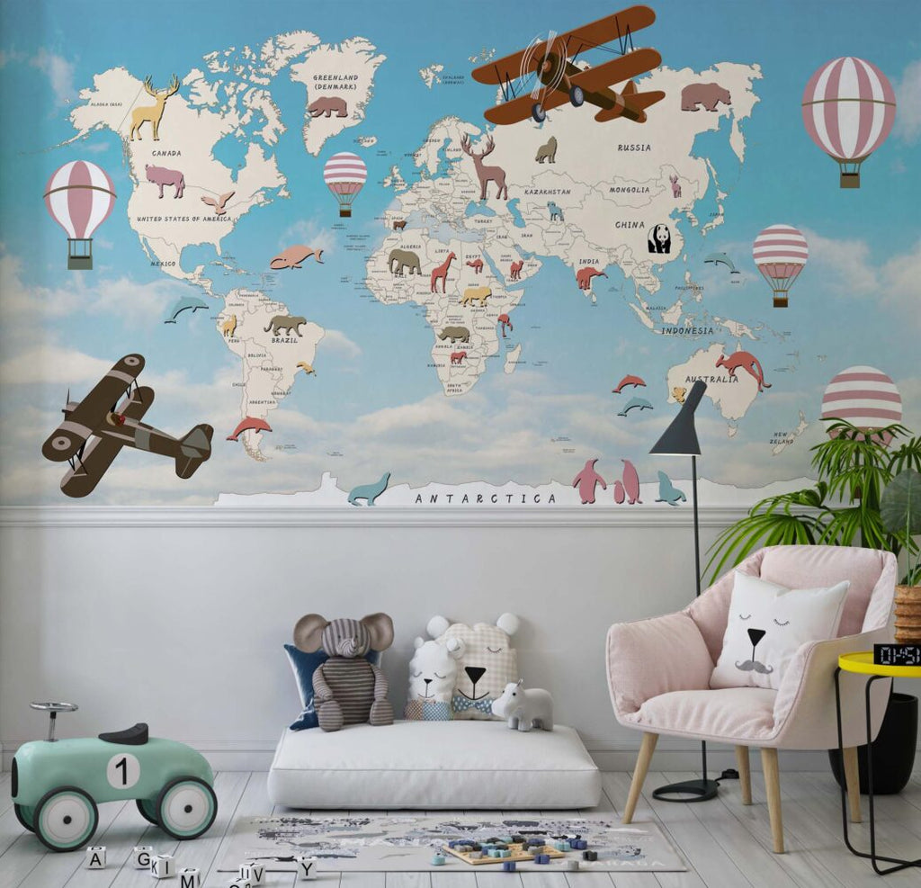 Blue Kids Airplane World Map Wallpaper : Balloon Animal Map Mural - View 3
