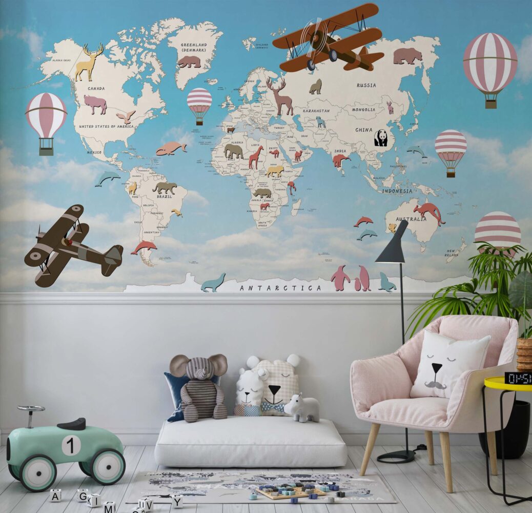 Blue Kids Airplane World Map Wallpaper : Balloon Animal Map Mural - View 3