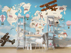 Blue Kids Airplane World Map Wallpaper : Balloon Animal Map Mural - View 4