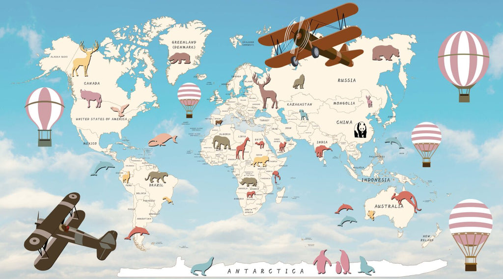 Blue Kids Airplane World Map Wallpaper : Balloon Animal Map Mural - View 2