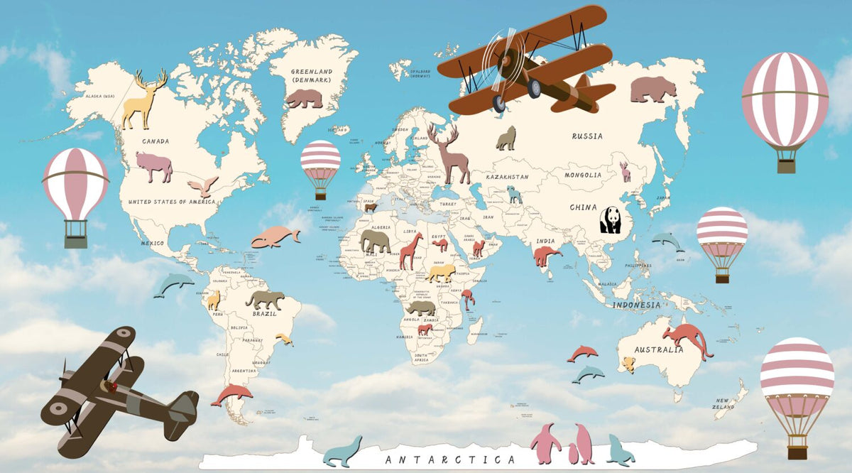 Blue Kids Airplane World Map Wallpaper : Balloon Animal Map Mural - View 2