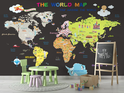 Educational Kids World Map Wallpaper : Flags and Landmarks Mural