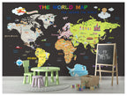 Dark Kids Landmarks World Map Wallpaper : Flags and Monuments Mural - View 3