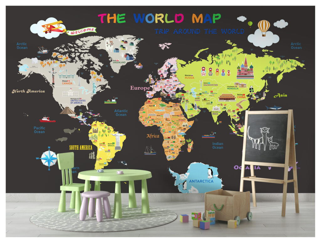 Dark Kids Landmarks World Map Wallpaper : Flags and Monuments Mural - View 3