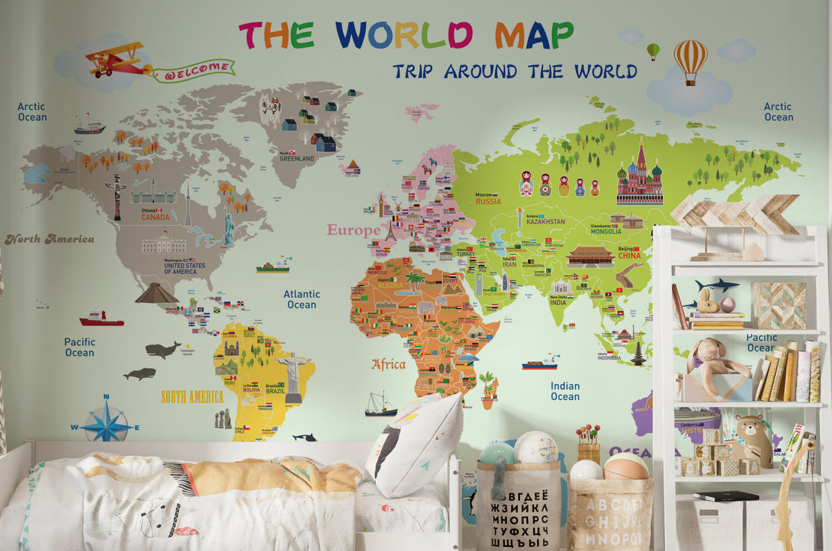 Educational World Map Wallpaper : Mint Landmarks and Flags Kids Mural - View 2