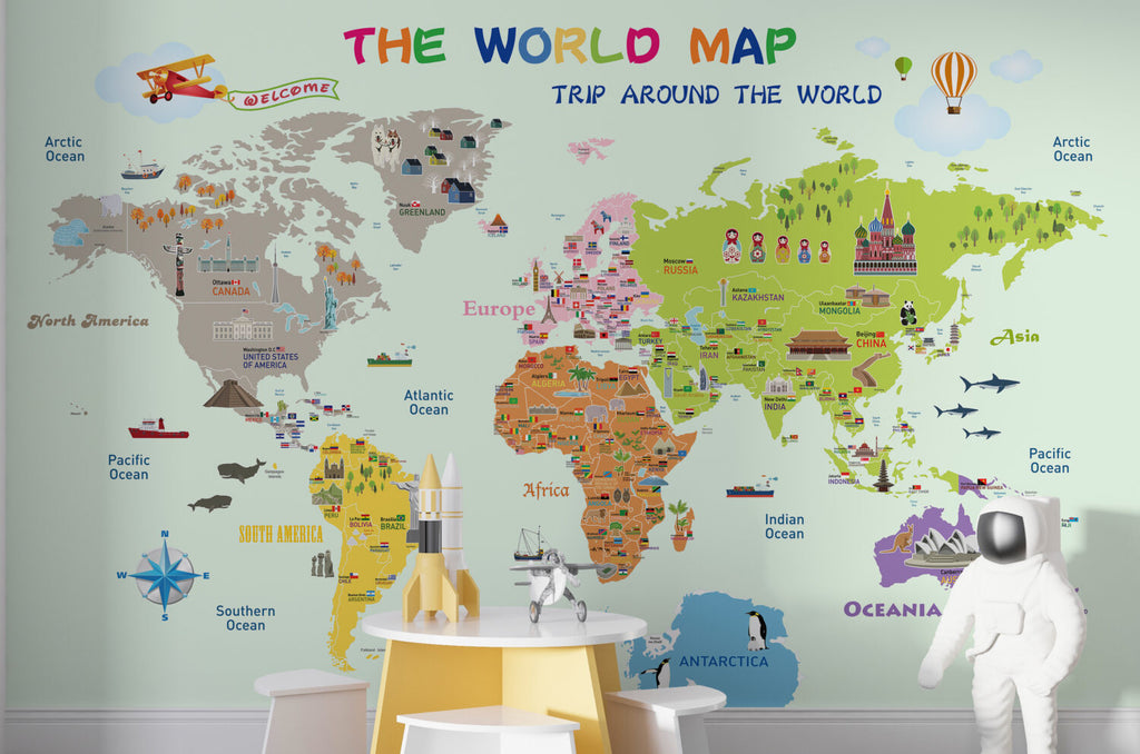 Educational World Map Wallpaper : Mint Landmarks and Flags Kids Mural
