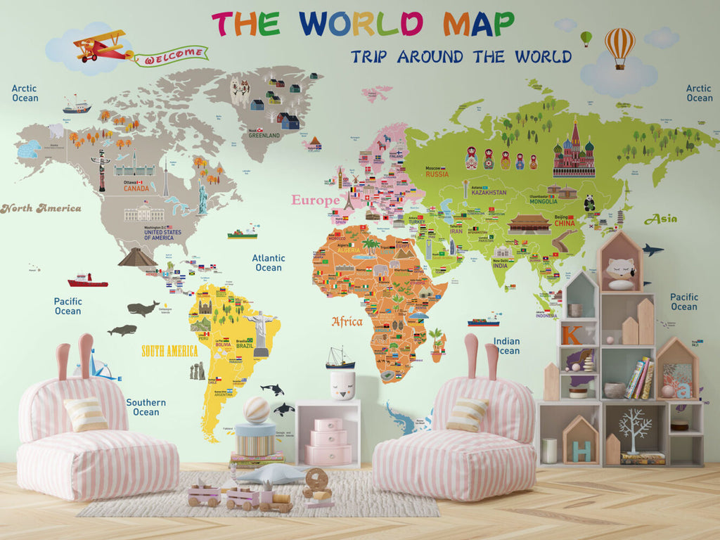Educational World Map Wallpaper : Mint Landmarks and Flags Kids Mural - View 3