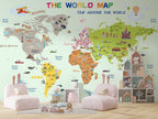 Educational World Map Wallpaper : Mint Landmarks and Flags Kids Mural - View 3