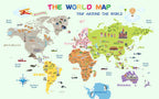 Educational World Map Wallpaper : Mint Landmarks and Flags Kids Mural - flat design