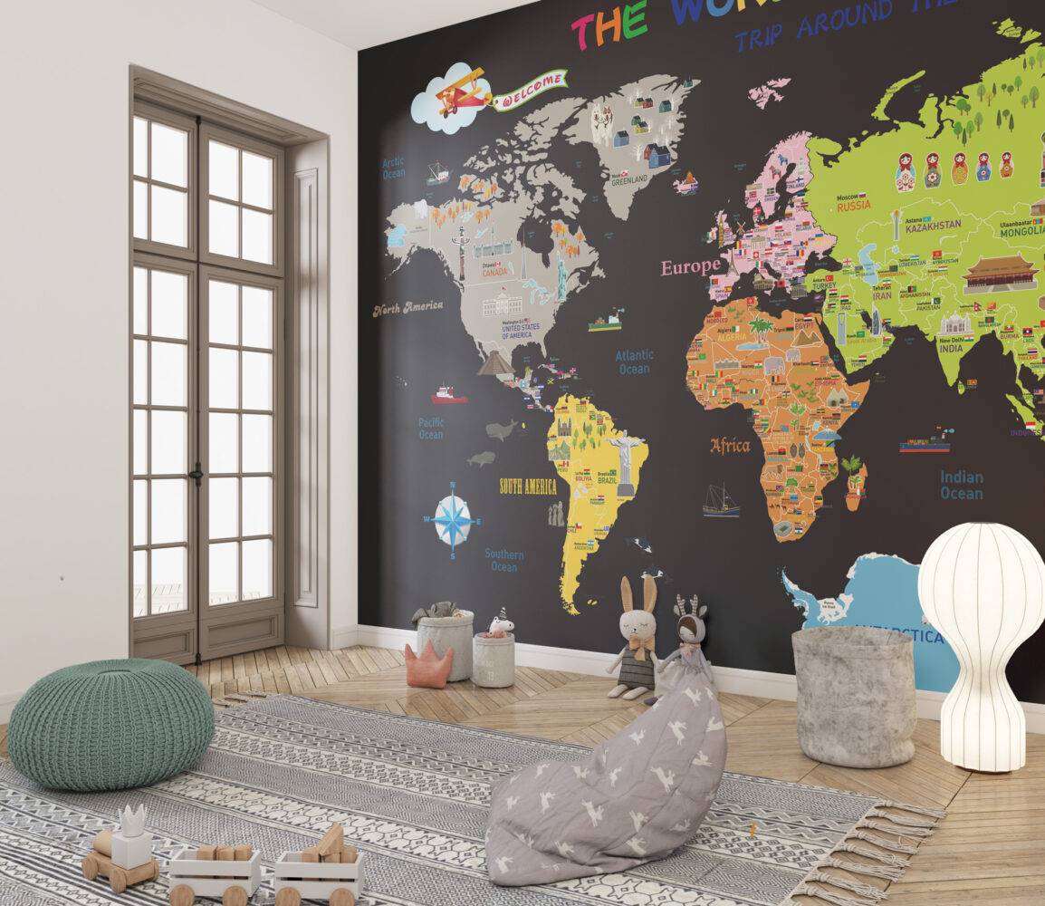 Dark Kids Landmarks World Map Wallpaper : Flags and Monuments Mural